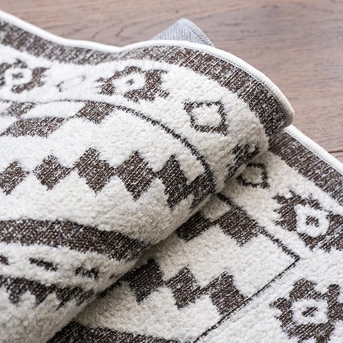Moroccan Washable Area Rug 4x6, Geometric Decorative Woven Rug Low Pile, Non-Slip Boho Accent Farmhouse Area Rug for Living Room Laundry Bedroom Dining Table, Dark Brown/White
