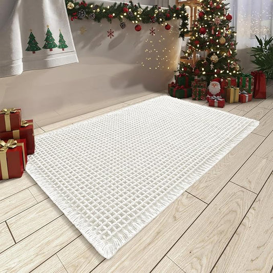 AMOAMI Upgraded Waffle Bath Mat, Super Absorbent Non Slip Bath Mats for Bathroom Floor, Machine Washable Boho Bathroom Rugs with Tassels, Rubber Backed Bathroom Mats, Ultra Soft, 18" x 30"