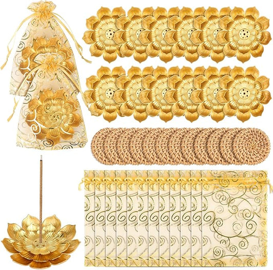 36 Pack Lotus Incense Holder, Incense Stick Holder Gold Three-Layer Design with Organza Bags & Heat Insulation Pad, Incense Burner Ash Catcher for Home Yoga SPA Fragrance Decor Bedroom