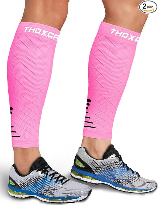 Thoxcare Calf Compression Sleeve for Men Women (2 Pairs), Leg Support Footless Compression Socks for Running - Shin Splint Varicose Veins Swelling & Pain Relief, Pink/Black, Large