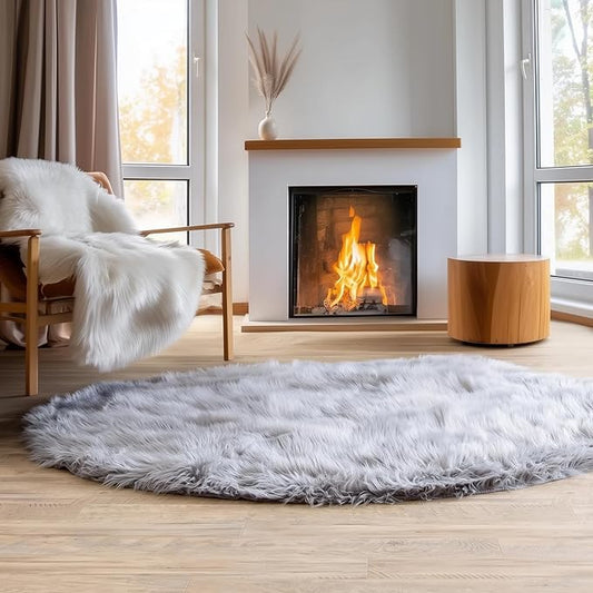 5 ft Round Fluffy Gray Rug – Plush Faux Fur Rug for Bedroom, Living Room, or Nursery – Cozy Faux Sheepskin Home Decor