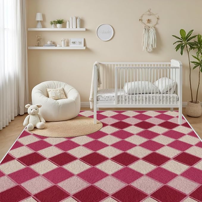 Plaid Rug, Soft Ultra Soft Faux Wool Rhombus Geometric Rugs, Indoor Floor Mats Carpet, Non Slip&Non-Shedding Low Pile Washable Rugs, Modern Red 5x7 Area Rug for Bedroom Home Decor