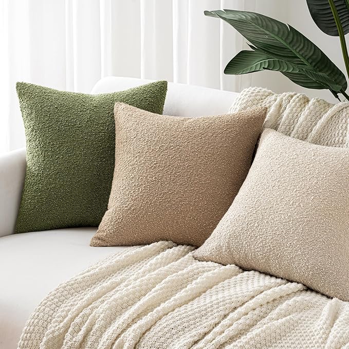 Woaboy Pack of 2 20x20 Inch Decorative Boucle Throw Pillow Covers Textured Square Pillowcaes Accent Solid Cozy Soft Cushion Covers Home Decor for Sofa Couch Living Room Home Decor,Khaki
