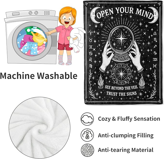 Black White Tarot Zodiac Signs Blanket Halloween Holiday Decor Occult Throw Gifts for Adults Lightweight Soft Fleece Divination Crystal Ball Blankets for Sofa Couch Witchy Decoration 40x50in