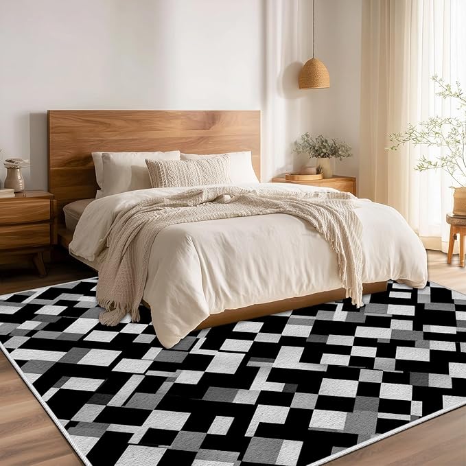 Black White and Grey Rug - Geometric Area Rug, Area Rugs 4x5, Modern Abstract Rugs, Irregular Block Splicing Carpet Washable Non Slip Home Decor Carpet for Living Room