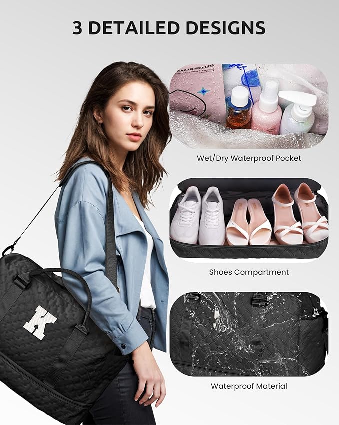 Vogewood Girls Personalized Initial Monogram Letter Travel Weekender Duffle Overnight Bag with Makeup & Shoe Compartment for Her