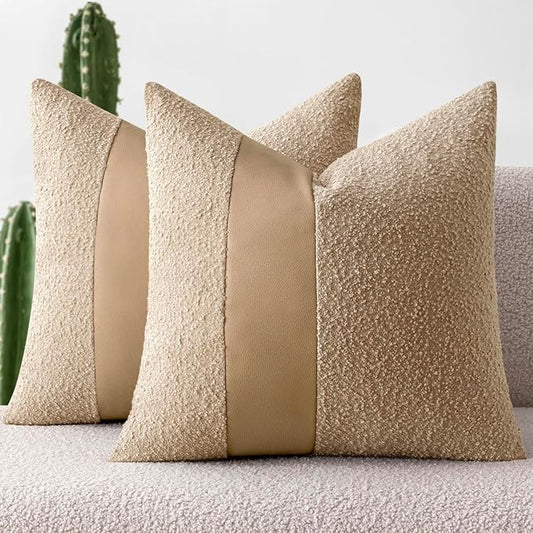 MIULEE Boucle Throw Pillow Covers 18x18 Inch Set of 2 Khaki Faux Leather Textured Decorative Pillow Cases Boho Farmhouse Accents Cushion Covers for Couch Bed Livingroom Home Decor