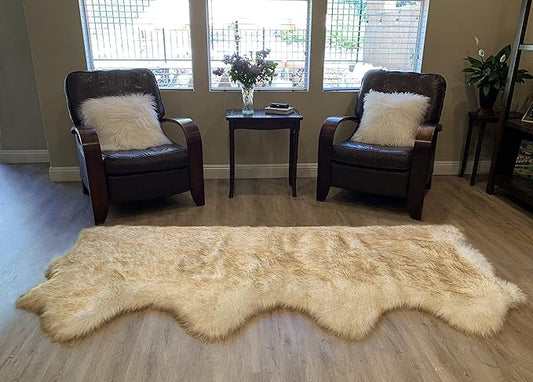 LAMBZY Faux Sheepskin Super Soft Hypoallergenic Silky Shag Rug for Living Room, Kids Room, Sofa (Quarto 4 Pelts Side by Side 3'x8', White/Brown Tips)