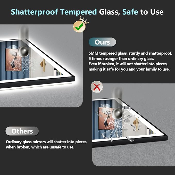 50x36 Inch Black Framed LED Bathroom Mirror with Lights, Backlit & Front Lit, Anti-Fog Lighted Vanity Mirrors for Bathroom Wall, Dimmable, 3-Color Light, Memory, Shatter-Proof, Tempered Glass