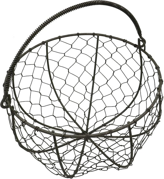 CVHOMEDECO. Round Metal Wire Egg Basket Wire Gathering Basket with Handle Country Vintage Style Storage Basket. Rusty, Dia. 8 X H 4-3/4 Inch