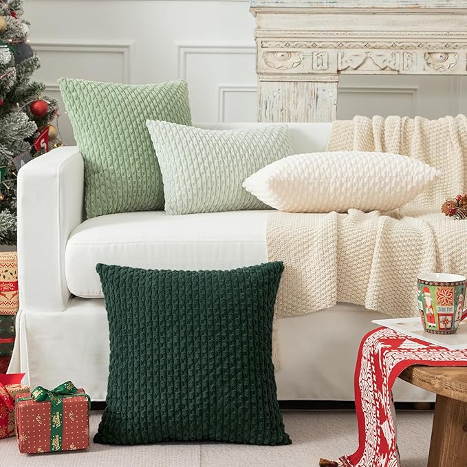 Kevin Textile Decorative Pillow Covers Set of 2 Striped Plush Corduroy Pillows Pillowcases Boho Home Decor Cushion Covers for Couch Sofa Bed Living Room 16x16 Inch, Army Green