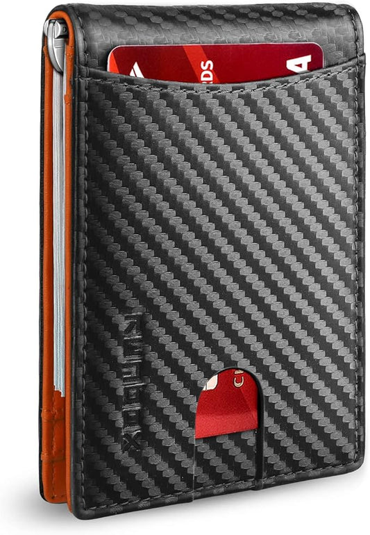 RUNBOX Slim Wallets for Men with RFID Blocking & Minimalist Mens Front Pocket Wallet Leather Black&inner Orange