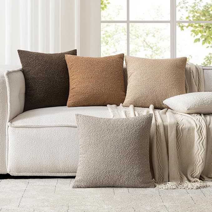 Woaboy Pack of 2 22x22 Inch Decorative Boucle Throw Pillow Covers Textured Square Pillowcaes Accent Euro Solid Cozy Soft Cushion Covers Home Decor for Sofa Couch Living Room Home Decor,Brown