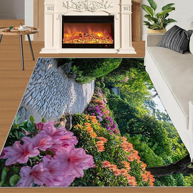 Japanese Gardens Washable Area Rugs 6x9 Non-Slip Garden Art Living Room Rug Eastern Aesthetics Soft for Carpet Low Pile Indoor Door Mat & Room Decor