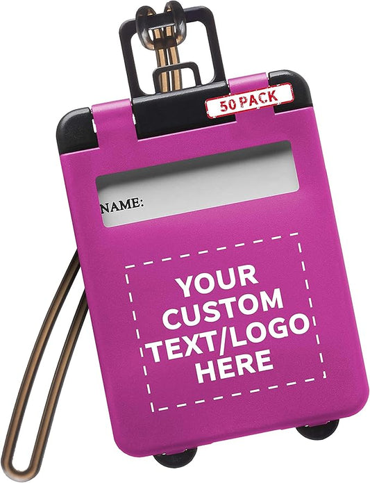 50 Mini Carry-on Luggage Tags Pack - Customizable Text, Logo - Flip Open Cover, ID Sticker - Purple