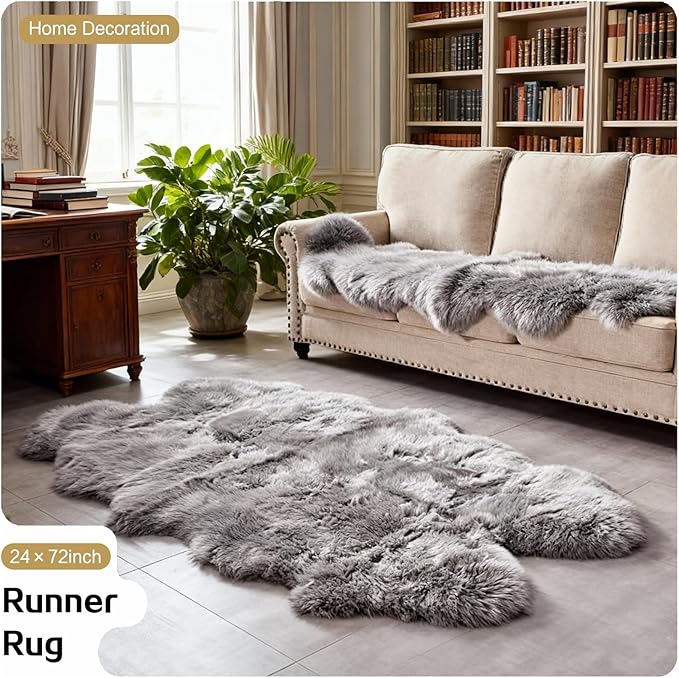 Grey Faux Fur Sheepskin Area Rug for Living Room Bedroom, 4 x 6 Feet Ultra Soft Shaggy Fuzzy Furry Carpet Chair Throw Large Rugs for Kids, Girls, Nursery Room Decor Dorms