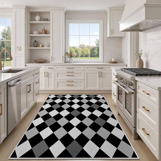 Black and White Rug 3x4, Rhombus Geometric Soft Ultra Soft Faux Wool Low Pile Rug, Indoor Floor Mats Carpet, Non-Slip Stain Resistant Washable Rugs, Modern Abstract Checkered Rugs for Living Room