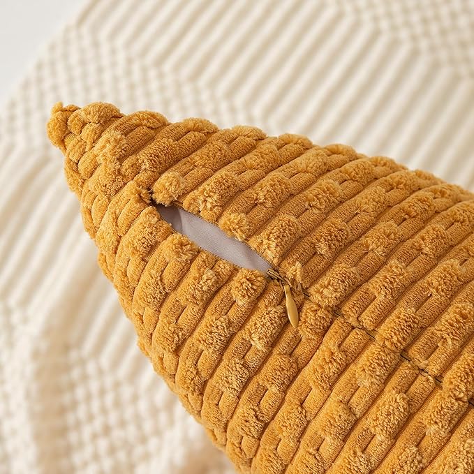 Kevin Textile Throw Pillow Covers Soft Corduroy Decorative Set of 2 Boho Striped Pillow Covers Pillowcases Farmhouse Home Decor for Couch Bed Sofa Living Room 18x18 Inch Golden Yellow