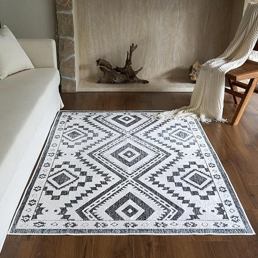 Moroccan Washable Area Rug 4x6, Geometric Decorative Woven Rug Low Pile, Non-Slip Boho Accent Farmhouse Indoor Floor Carpet for Living Room Entryway Laundry Bedroom, Black and White