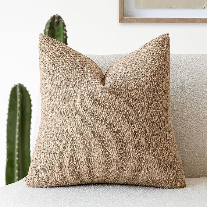Foindtower Decorative Boucle Throw Pillow Covers Accent Solid Pillow Cases Cozy Soft Textured Couch Cushion Case for Chair Sofa Bedroom Living Room Home Decor 22 x 22 Inch,Taupe Khaki Camel