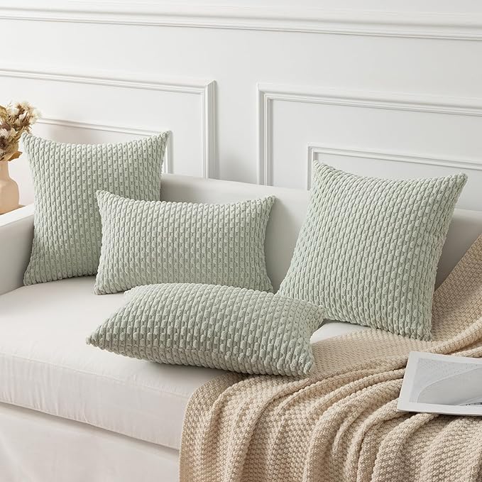 Kevin Textile Pack of 2 Corduroy Decorative Throw Pillow Covers 24x24 Inch Soft Boho Striped Pillow Covers Modern Farmhouse Home Decor for Spring Sofa Living Room Couch Bed Light Green