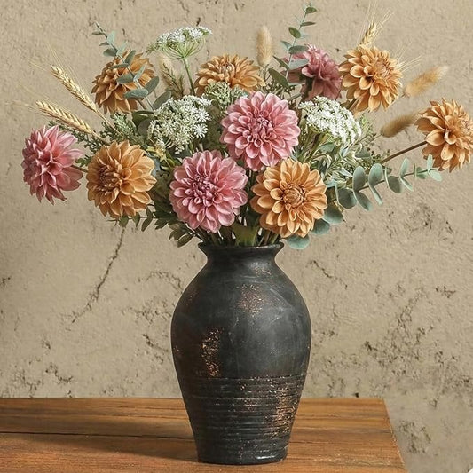 Black Ceramic Flower Vase, 9.17 Inch Pottery Rustic Vase for Shelf,Tabletop, Vintage Farmhouse Home Decor for Coffee Table, Living Room,Mantle, Fireplace, Entryway