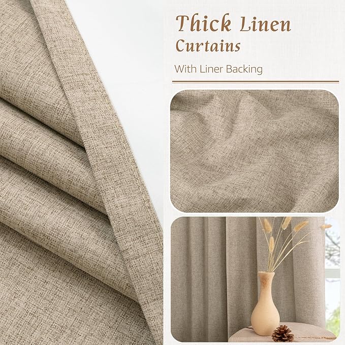 LAMIT 100% Blackout Natural Linen Curtains, 72 Inches Linen Textured Thermal Bedroom Curtains Back Tab and Rod Pocket Neutral Panels with White Liner for Farmhouse, 2 Panels, 52 x 72 Inch, Taupe