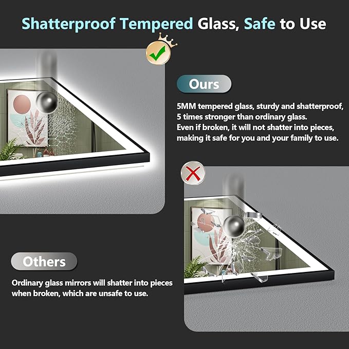 40x38 Black Framed LED Bathroom Mirror with Lights, Backlit & Front Lit, Anti-Fog Lighted Vanity Mirrors for Bathroom Wall, Dimmable, 3 Colors, Memory, Shatter-Proof, Tempered Glass, CRI＞90