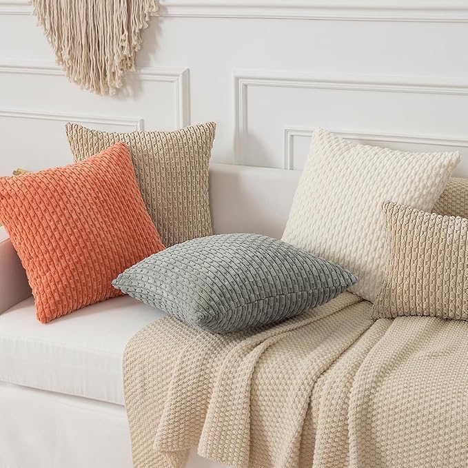Kevin Textile Euro Sham Pillow Covers 28x28 Inch 2 Packs Soft Boho Striped Corduroy Decorative Throw Pillows for Living Room Couch Bed Sofa Rustic Farmhouse Home Decor 71x71cm Beige