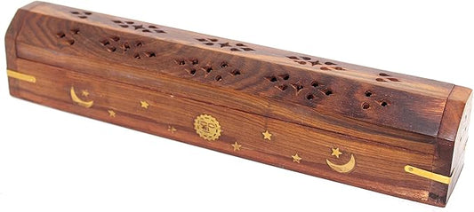 Govinda Wooden Coffin Incense Burner - 12" Sun Moon Star - Brass Inlays - Storage Compartment …