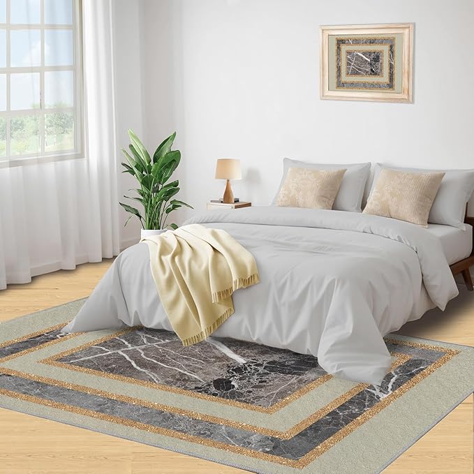 Light Luxury Marble Area Rugs Gilded Stripe Geometry Area Carpet Abstract Marble Texture Rug Stone Crack Carpet for Living Room Study Bedroom 7x9ft
