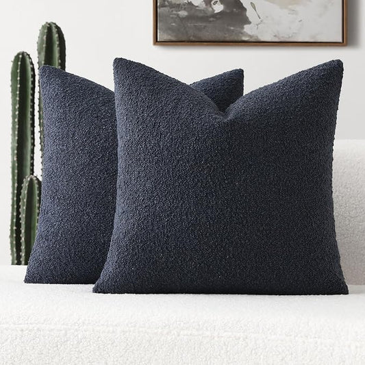 FUTEI Pack of 2 Navy Blue Decorative Throw Pillow Covers 22x22 Inch Soft Cozy Solid Boucle Textured Cushion Case,Modern Home Decor for Couch Bed Living Room