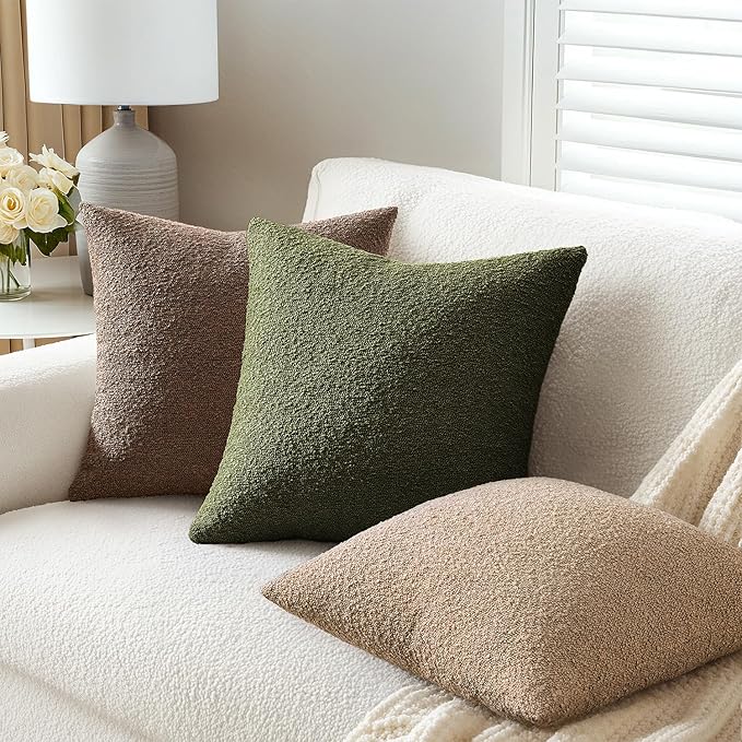 ANRODUO Pack of 2 Textured Boucle Throw Pillow Covers Soft Moss Green Decorative Accent Solid Pillow Cases Cozy Modern Couch Cushion Case for Sofa Bedroom Living Room Spring Home Decor, 18 x 18 Inch