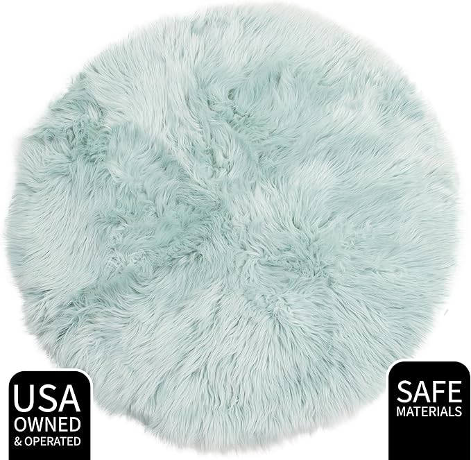 Super Area Rugs Ultra Soft & Fluffy Faux Sheepskin Rug, Teal 5 X 5 Round Carpet for Bedroom Living Room