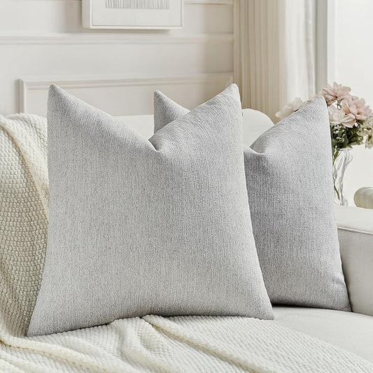 FUTEI Light Grey Chenille Decorative Throw Pillow Covers 18x18 Inch Set of 2,Soft Cozy Faux Linen Textured Cushion Case,Farmhouse Home Decor for Couch Living Room