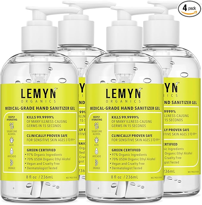 Medical Grade Hand Sanitizer Gel - 97% ORGANIC - 8 FL.OZ. with PUMP (PACK OF 4)