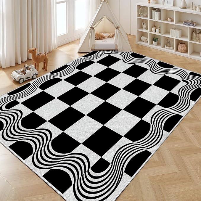 Checkered Rug 5x7, Checkerboard Rug, Geometric Plaid Washable Rugs, Modern Checkered Area Rugs, Wavy Line Carpet Non Slip for Bedroom Retro Home Decor Mat