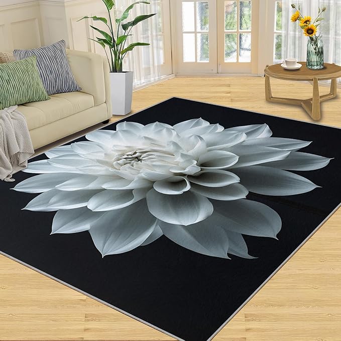 Petals Washable Area Rugs 3x5 Non-Slip Dahlia Living Room Rug White Flower Soft for Carpet Low Pile Indoor Door Mat & Room Decor
