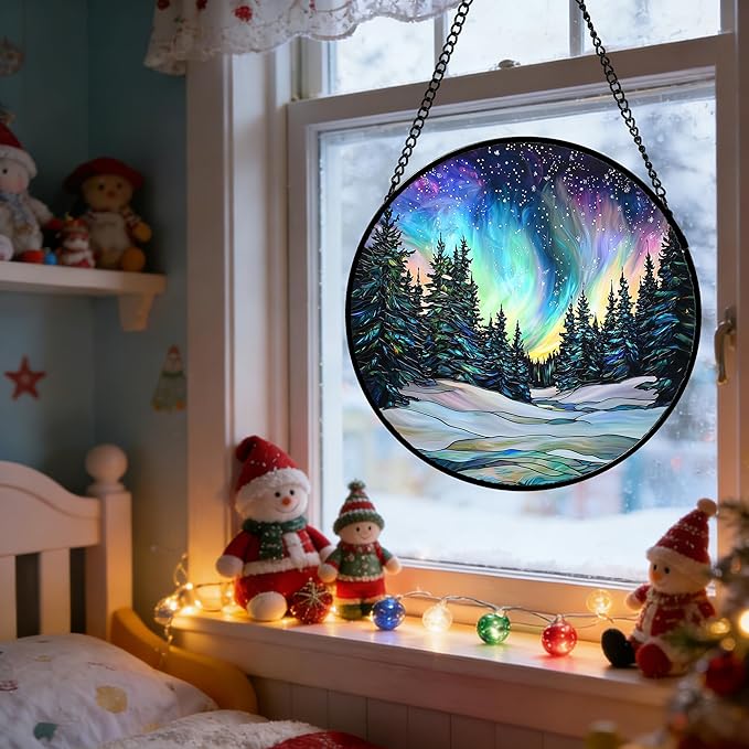 DASTOLL Stained Glass Window Hanging, Aurora Landscape Sun Catchers Glass Panel Green Trees Suncatcher Decor for Birthday for Women, Men, Wife, Aunt, and Mom 9.8 in