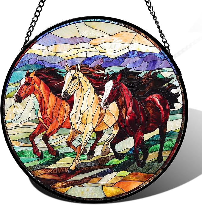 DASTOLL Stained Glass Window Hanging, Colorful Landscape Running Horse Suncatcher for Doors Window Home Sun Catchers Decoration Mother's Day Birthday Gifts for Women, Men, and Mom 9.8x9.8 in