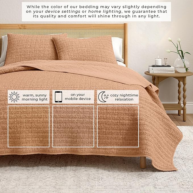 Great Bay Home Full/Queen Size 100% Cotton Honeycomb Waffle Quilt and Sham Set - Garment Washed, Waffle Weave Like Texture, Lightweight 3-Piece Bedding Set (Clay)