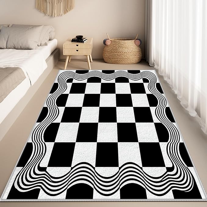 Checkered Area Rug, Checkerboard Rug, Geometric Plaid Washable Rugs, Modern Checkered Area Rugs 4x5, Wavy Line Carpet Non Slip for Bedroom Retro Home Decor