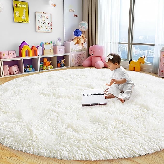 Round Fluffy Rugs 4Ft for Girls Bedroom, Cream White Shag Circle Kids Rug Non-Slip for Bedside Dorm Nursery Playroom, Soft Cute Area Rugs for Living Room Decor
