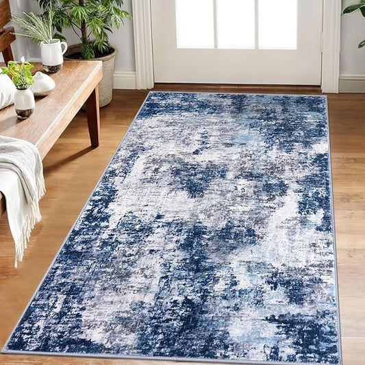 Modern Abstract Small Area Rug Indoor, Grey Navy Blue Multi 3x5 Washable Rug Non-Slip Soft Entryway Rug Kitchen Mats Thin Print Faux Wool Floor Carpet Colorful Throw Rugs for Entrance Bedroom
