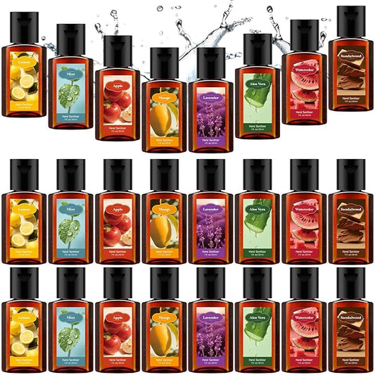 Frienda 24 Pcs Mini Hand Sanitizers Bulk Travel Size Scented Hand Sanitizers 1 Fl oz Brown Bottle Assorted Scents Staff Appreciation Gifts Bulk for Christmas Birthday Employee Friend Teacher Gifts