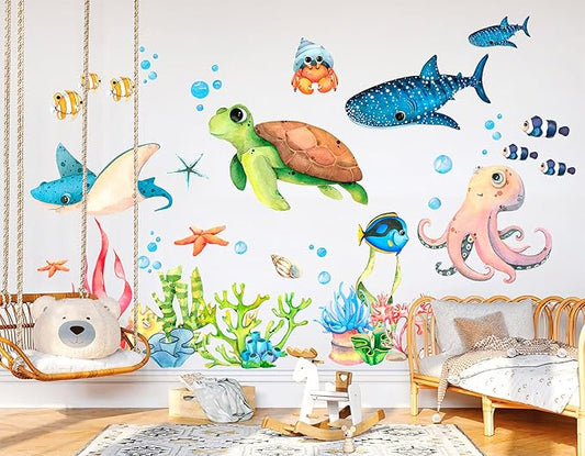 Ocean Playground Wall Decal - Cartoon Underwater Fun with Turtle, Whale, and Octopus, Removable Peel-and-Stick Fabric Art for Kids' Room and Playroom Décor (Extra Large)