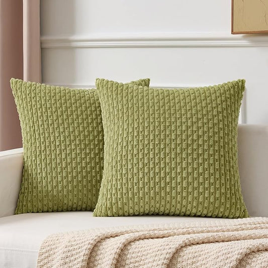 Kevin Textile Decorative Pillow Covers Set of 2 Striped Plush Corduroy Pillows Pillowcases Boho Home Decor Cushion Covers for Couch Sofa Bed Living Room 16x16 Inch, Grass Green