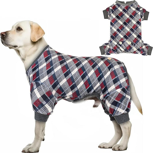 KYEESE Dog Pajamas Medium Sized Dog Stretchy Onesie Velvet Pjs Comfy Coat Soft Pet Clothes Plaid Doggie Jammie, Grey, XX-Large
