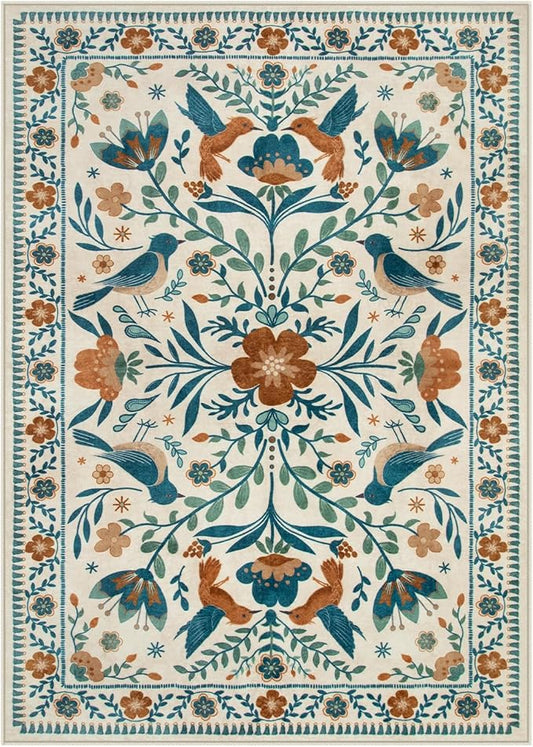 Moynesa Bedroom Rug 5x7, Washable Modern Bohemian Area Rugs for Living Room Dining Room, Farmhouse Floral Bird Print Pattern Carpet, Retro Home Decor Open Floor Areas Non-Slip Protection