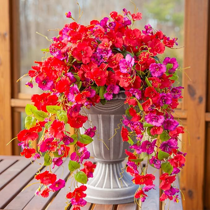 Fake Hibiscus Artificial Hanging Flowers Plants for Outdoors Spring Decoration, 4pcs Silk Hibiscus Vines Realistic UV Resistant Faux Flowers for Outside Planter Porch Patio Yard Wedding Party, Mix